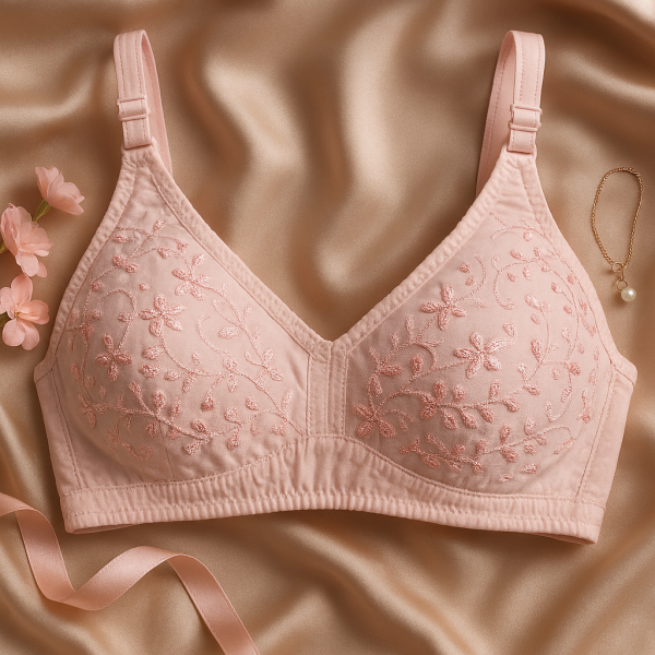 01 Pcs Cotton Embroidered Chikan Bra For Women – Soft Breathable Fabric, Floral Design, Adjustable Straps, 2-Hook Closure, Daily Wear