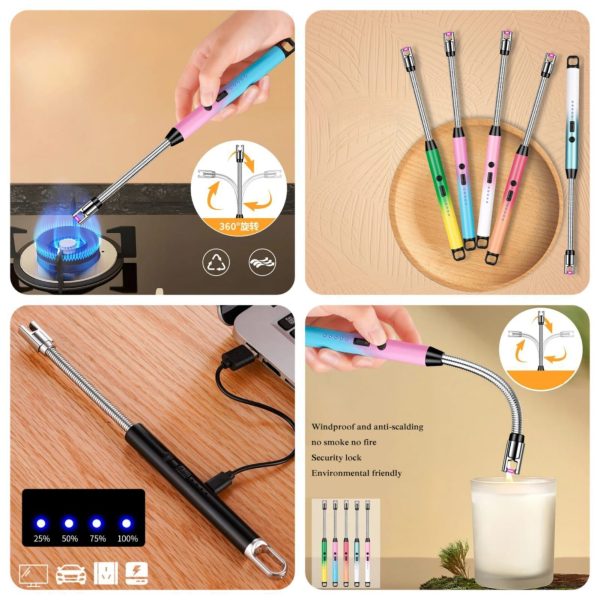 USB Rechargeable Arc Lighter – Flameless, Windproof, 360° Rotating Neck with LED Battery Display