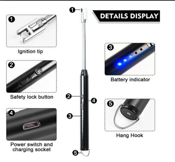 USB Rechargeable Arc Lighter – Flameless, Windproof, 360° Rotating Neck with LED Battery Display