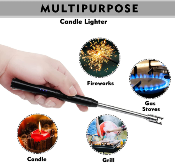 USB Rechargeable Arc Lighter – Flameless, Windproof, 360° Rotating Neck with LED Battery Display