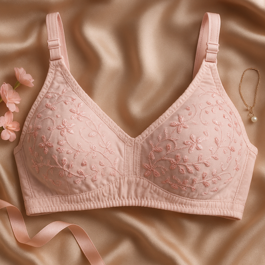 01 Pcs Cotton Embroidered Chikan Bra For Women – Soft Breathable Fabric, Floral Design, Adjustable Straps, 2-Hook Closure, Daily Wear