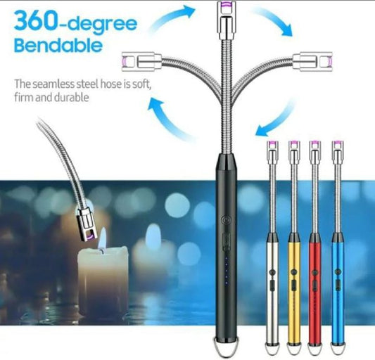 USB Rechargeable Arc Lighter – Flameless, Windproof, 360° Rotating Neck with LED Battery Display